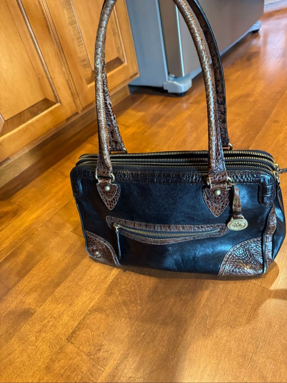 Vintage Brahmin Black Leather Satchel Brown Croc Embossed Handbag USA